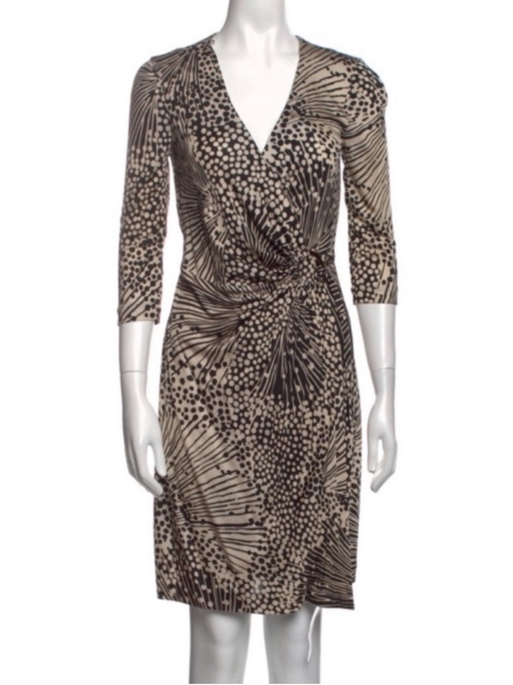 Trina Turk Beige and Black Dot Printed 3/4 Sleeve Wrap Dress Size 2